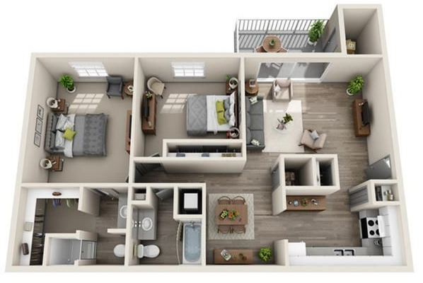 Floor plan rendering of a two-bedroom apartment, including kitchen, living room, and balcony.