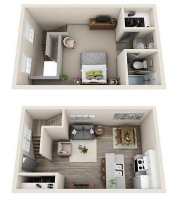 Two-story apartment floor plan. Top: bed, kitchen, bath. Bottom: living room, dining, kitchen.