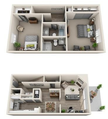 Floor plan of a two-bedroom apartment; top view, bottom view.  White walls, furnished rooms, open floor plan.