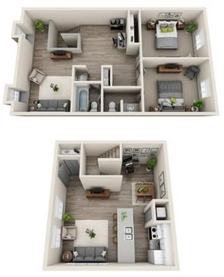 Two-story apartment floor plan. Top level has bedrooms, bottom level with living room, kitchen.