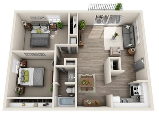 Floor plan of a two-bedroom apartment, showing rooms, furnishings, and balcony, in a top-down view.