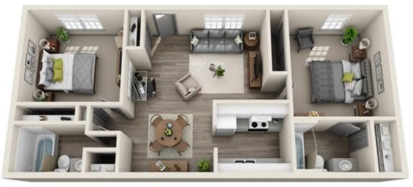 Floor plan: Two bedrooms, living room, kitchen, two bathrooms. Beige walls, furnished with furniture.