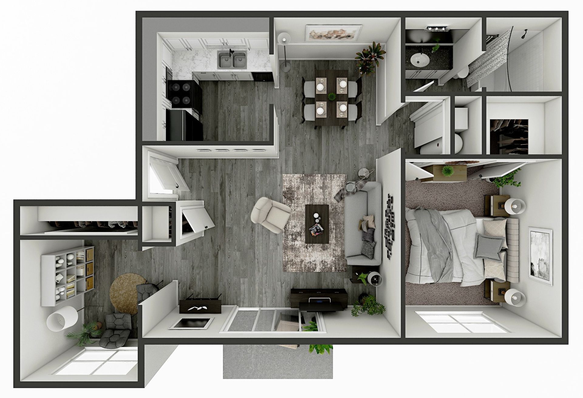 Floor plan rendering of a modern apartment: kitchen, living area, dining, bedroom, and bathroom.