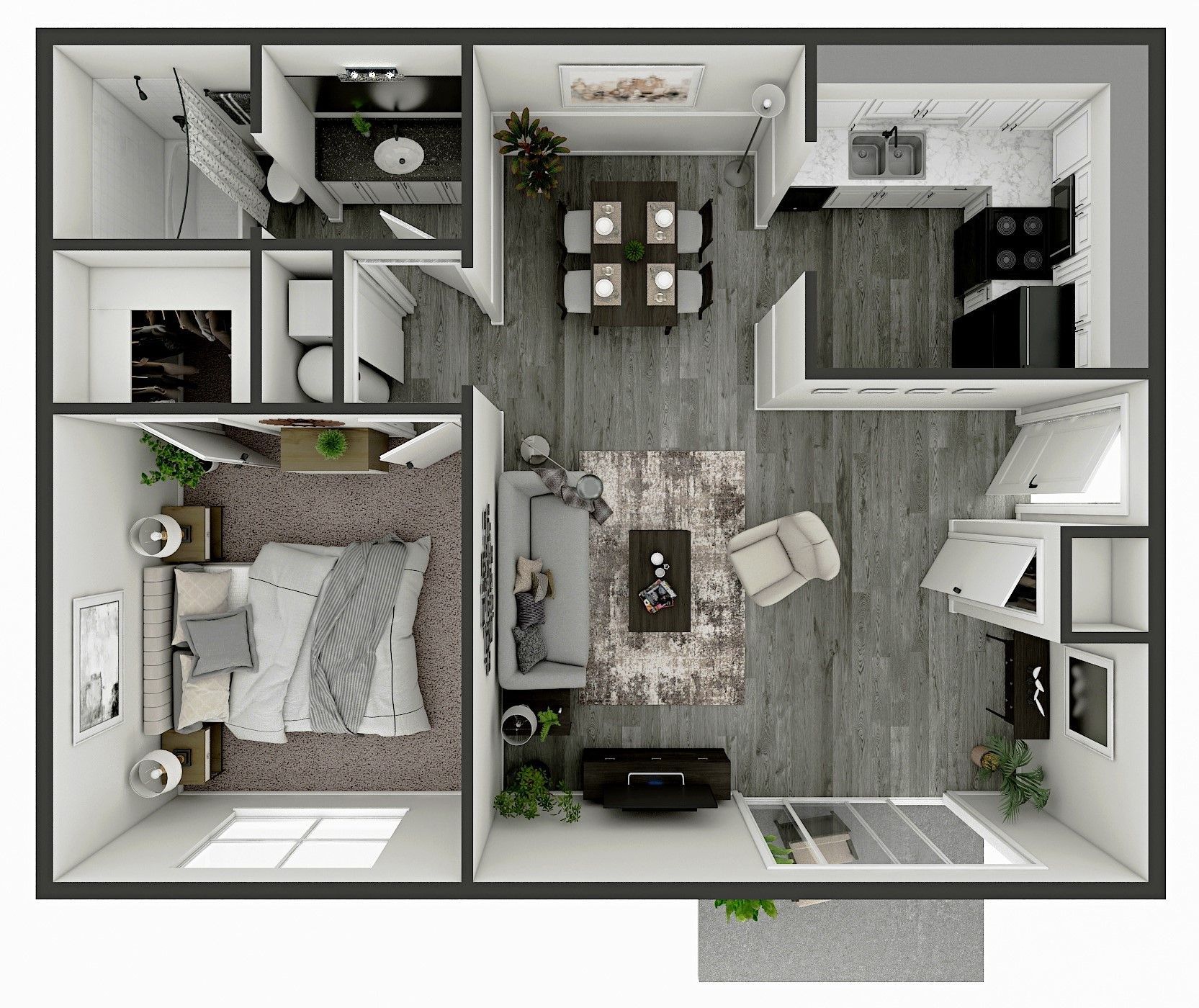 Floor plan of an apartment with a bedroom, kitchen, dining area, and living room.