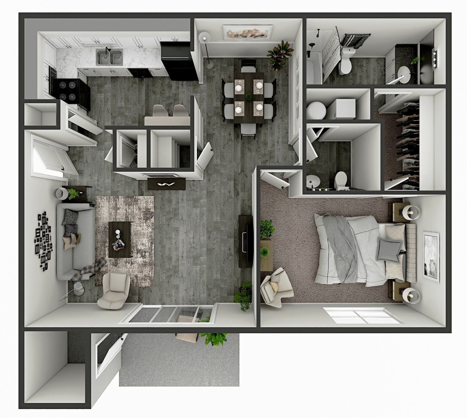 Floor plan of a one-bedroom apartment with kitchen, dining area, living room, bedroom, and two bathrooms.