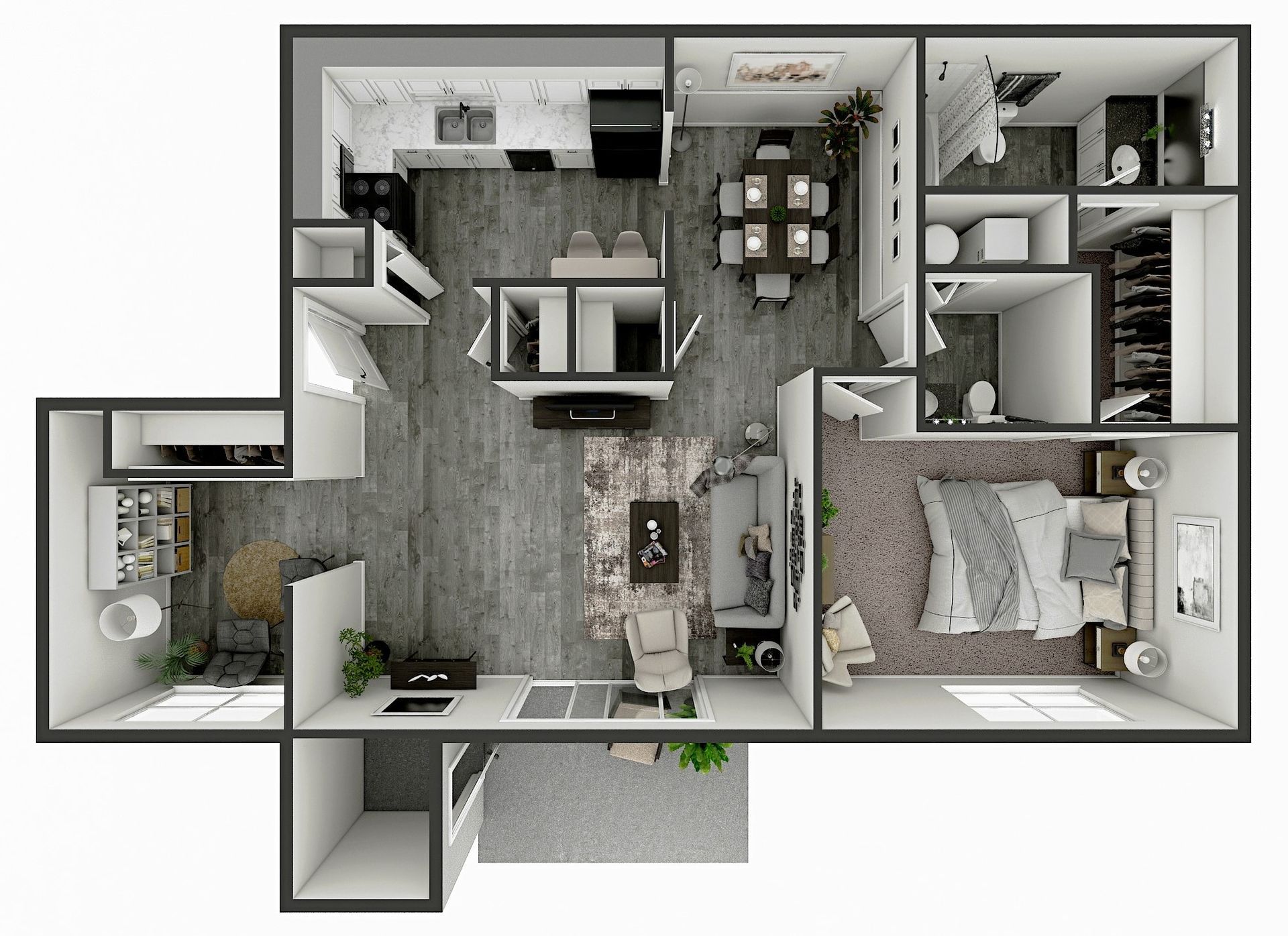 Top-down view of a furnished apartment layout with dining, living, kitchen, and bedroom spaces.