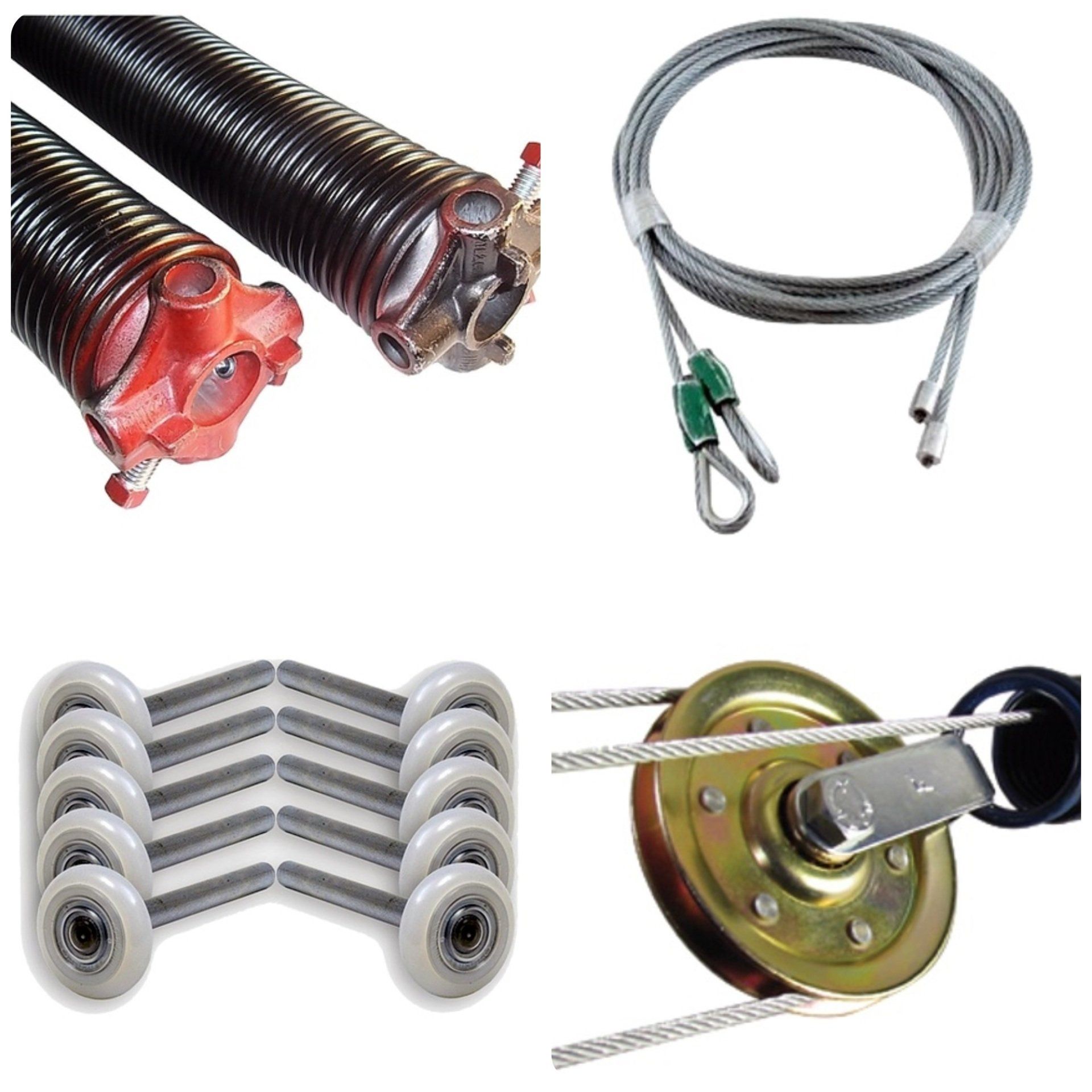 Garage door repair parts: springs, cables, rollers, and pulleys.