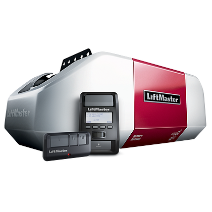 LiftMaster garage door opener with remote control and keypad. White and red.