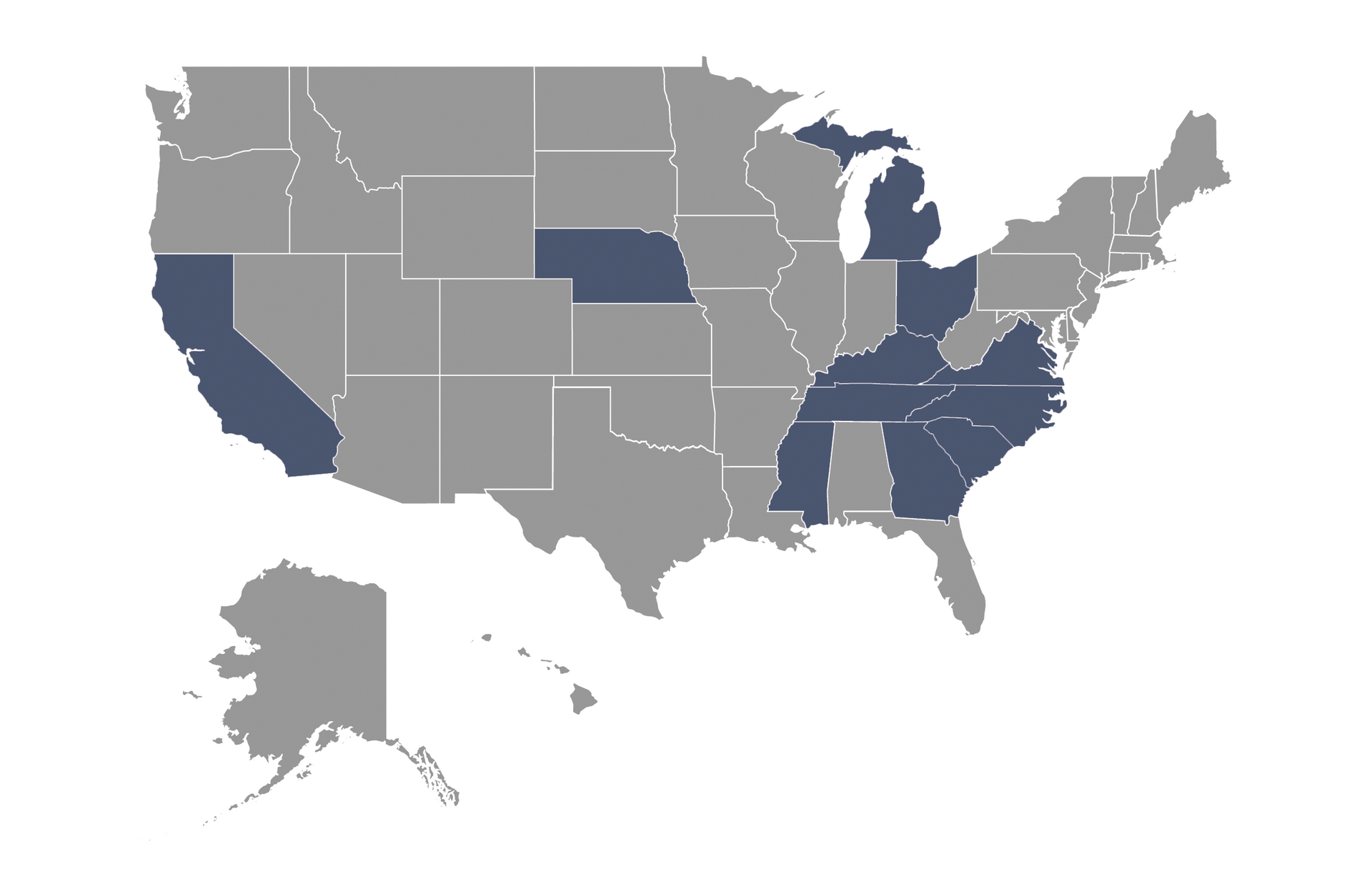 USA statewide map with highlighted states served