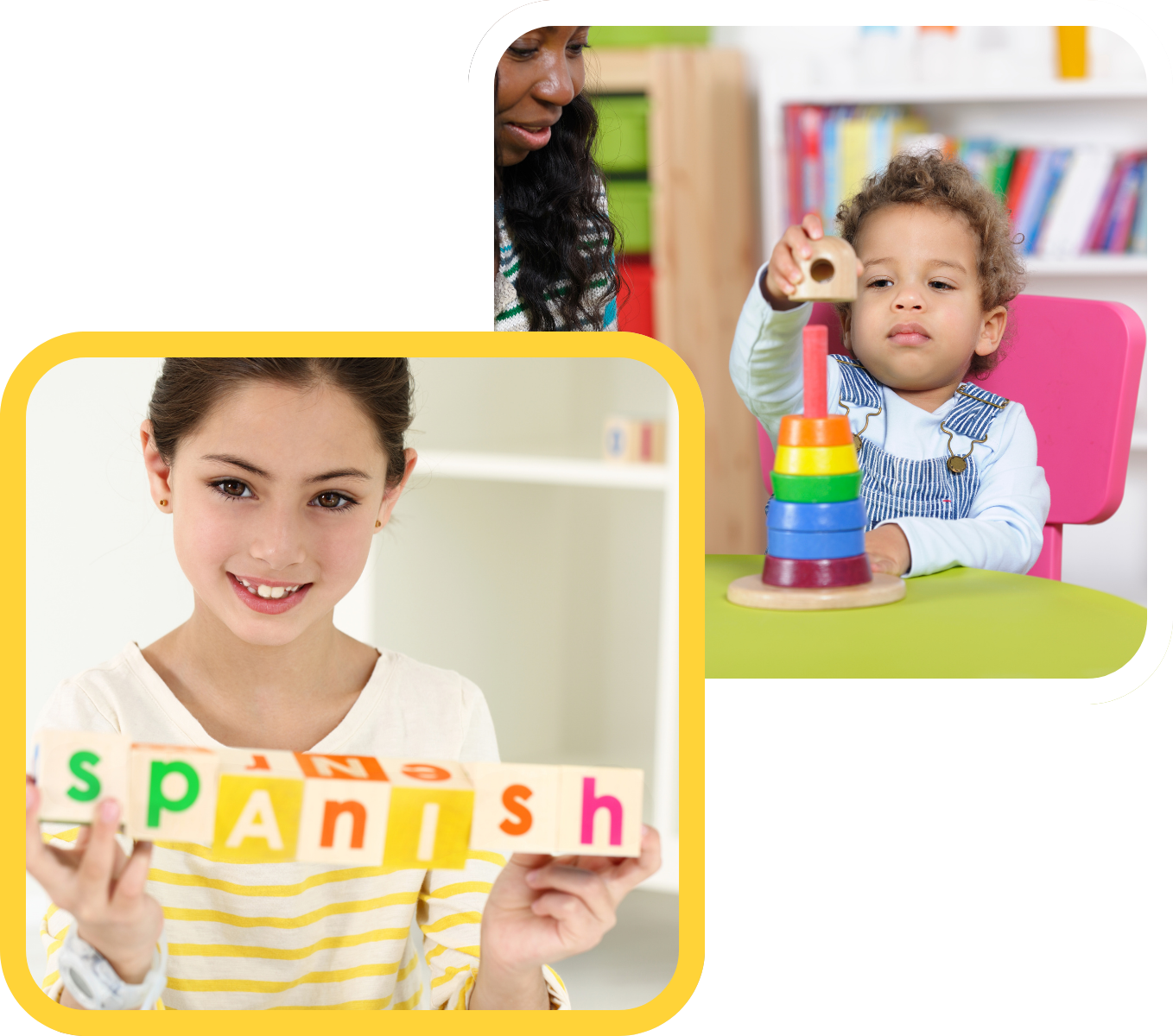 A little girl is holding a sign that says `` spanish ''.