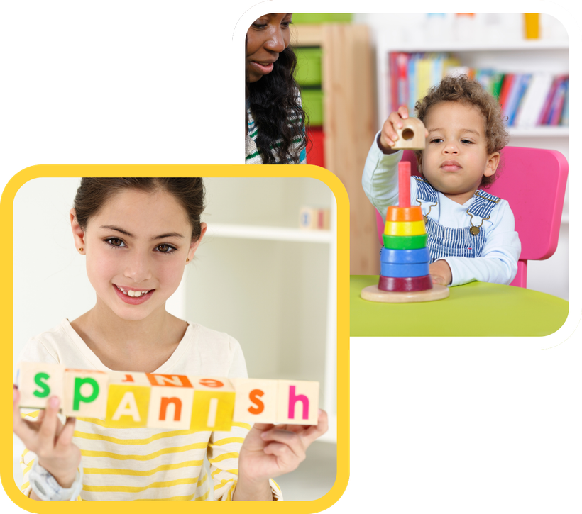 A little girl is holding a sign that says `` spanish ''.