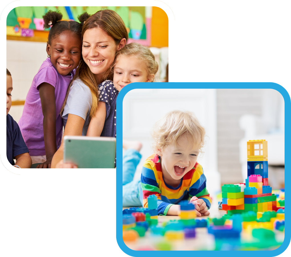 A group of children are playing with blocks and a woman is using a tablet.