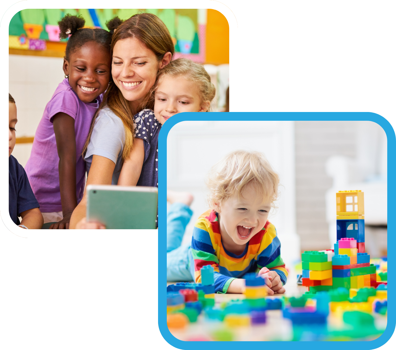 A group of children are playing with blocks and a woman is using a tablet.