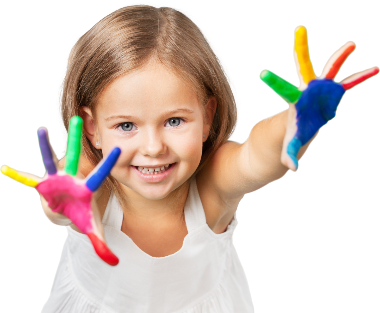 A little girl with her hands painted in different colors