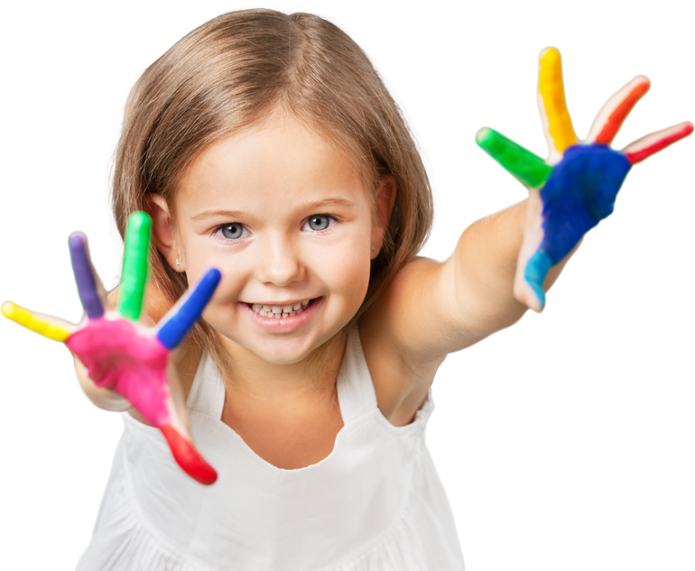 A little girl with her hands painted in different colors