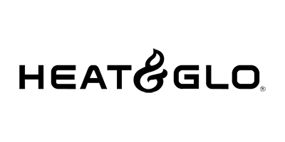 A black and white logo for heat & glo on a white background.