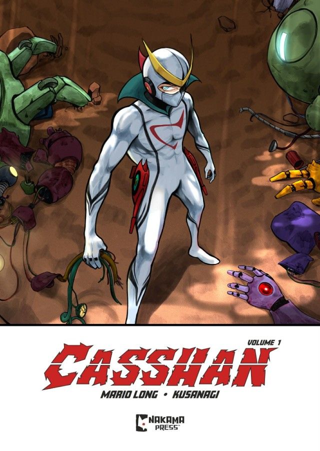 Casshan in a white suit with a gold helmet stands amidst robotic debris on a book cover titled 