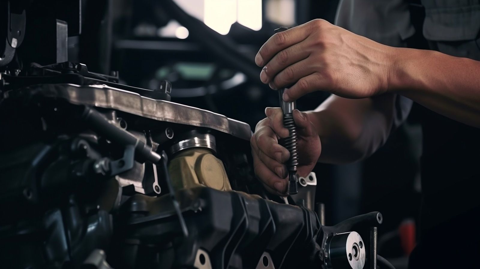 A man is working on a motorcycle engine in a garage.