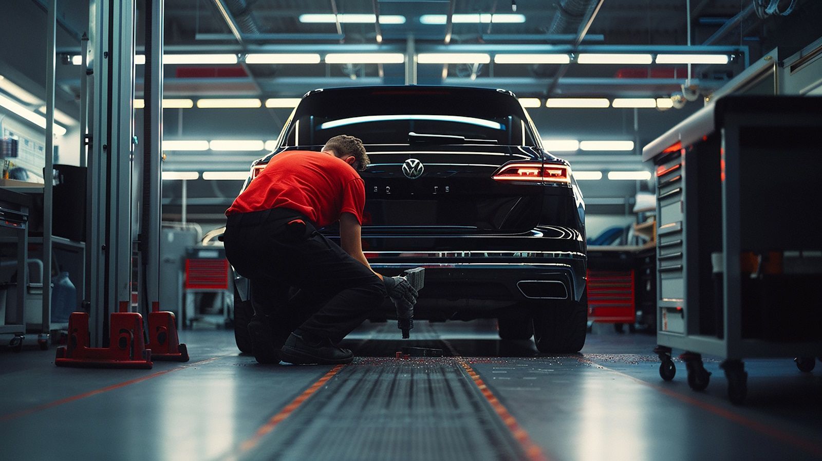 A man is working on a car in a garage.