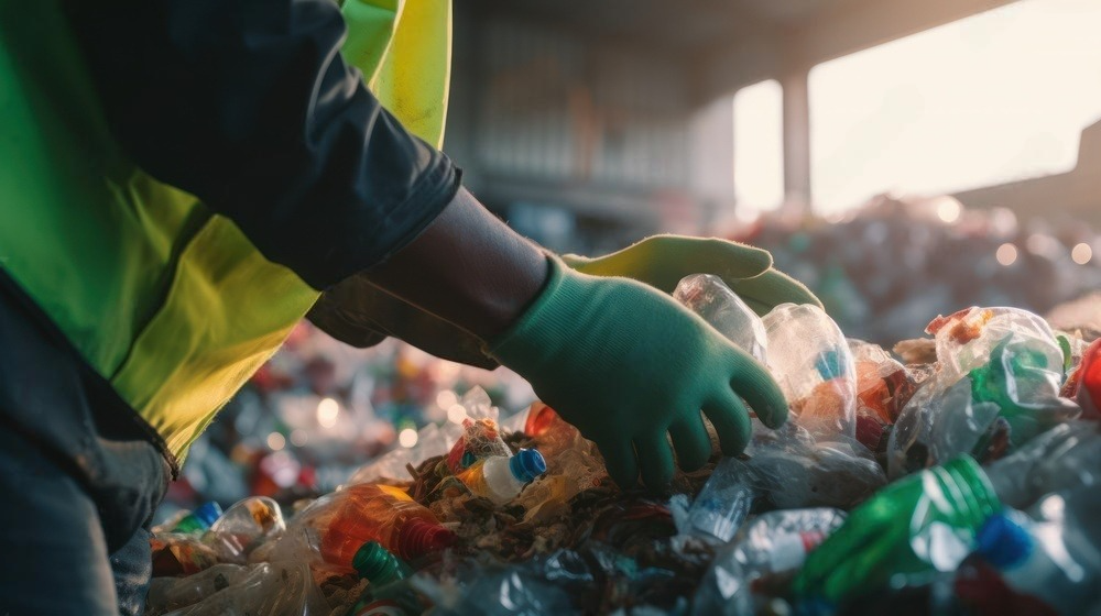 a person wearing green gloves is picking up plastic bottles from a pile of plastic bottles .