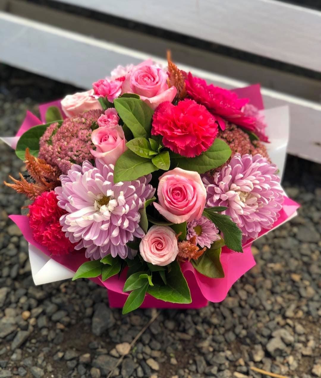 A Bouquet Of Pink And Purple Flowers In A Pink Box — Clover Country Flowers and Gifts In Highfields, QLD