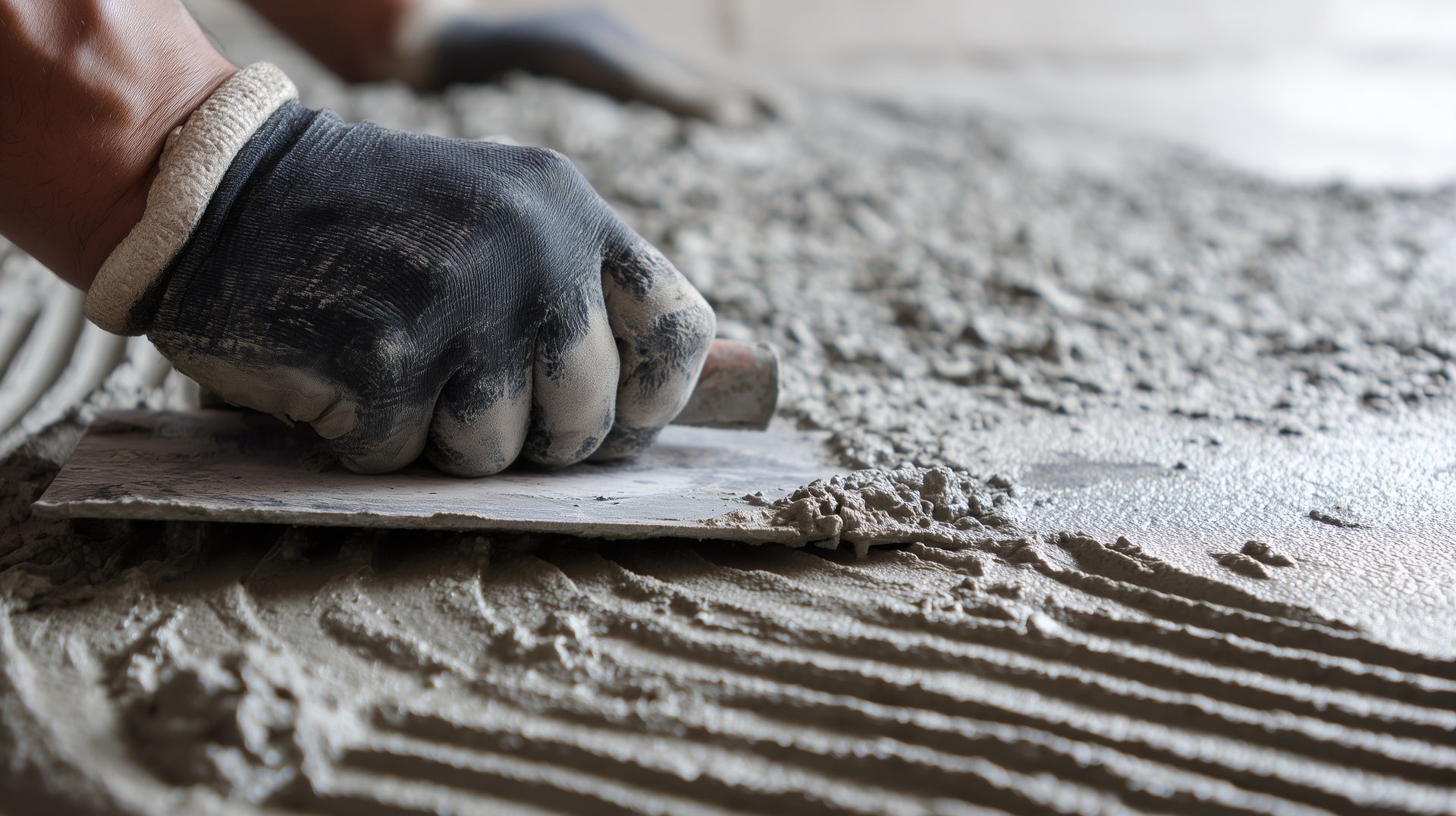 Professional concrete contractor smoothing fresh concrete with trowel and gloved hand. Professional concrete contractor smoothing fresh concrete with trowel and gloved hand.
