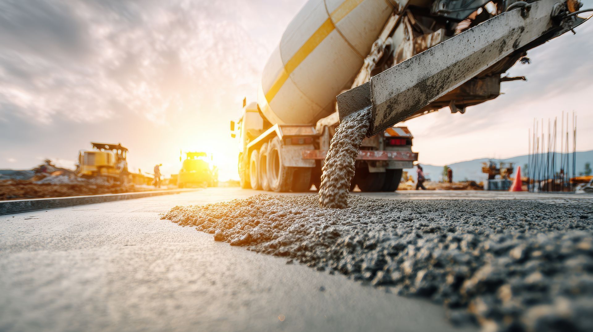 Mixer truck pours wet concrete onto a graded surface with rebar and workers visible at sunset.
