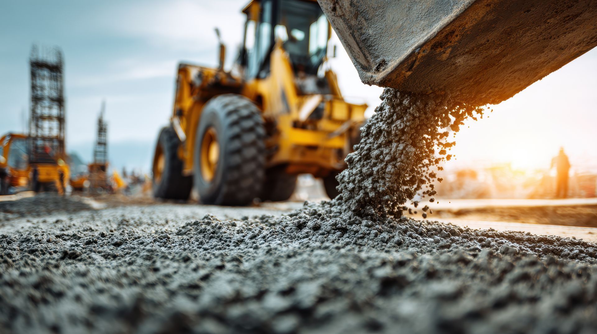 Fresh wet concrete pours from a loader bucket onto crushed aggregate, forming a textured gray pile. Fresh wet concrete pours from a loader bucket onto crushed aggregate, forming a textured gray pile.