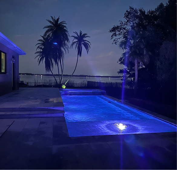 A rectangular pool illuminated in blue at dusk, with palm trees and a body of water in the background.