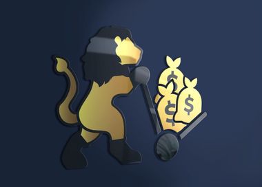 A lion is pushing a cart with bags of money on it