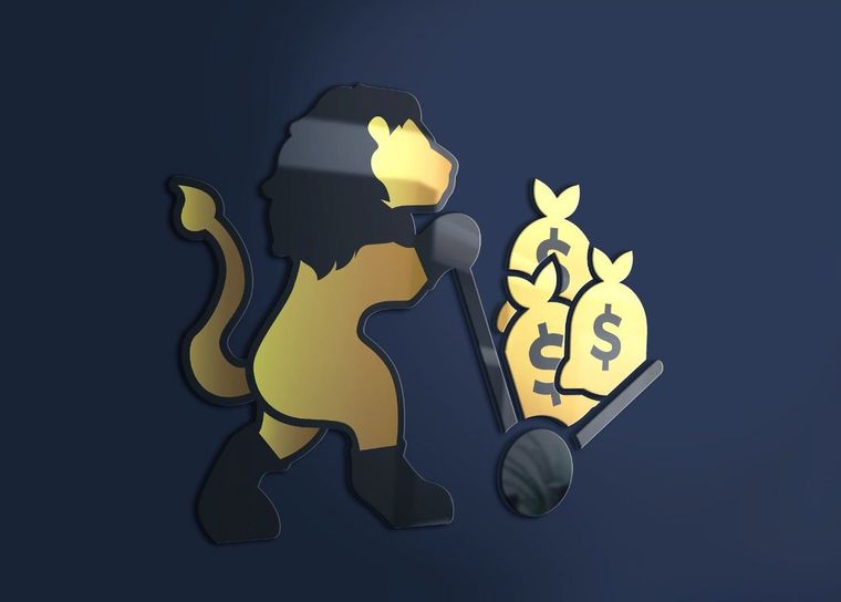 A lion is pushing a cart with bags of money on it