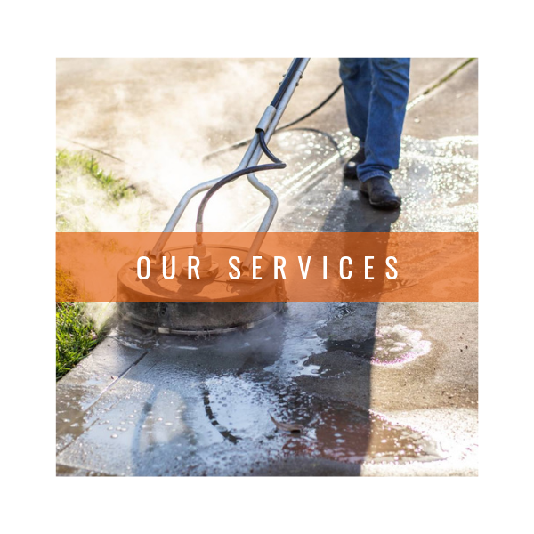 A person pressure washing a concrete surface with a flat surface cleaner. An orange banner reads,