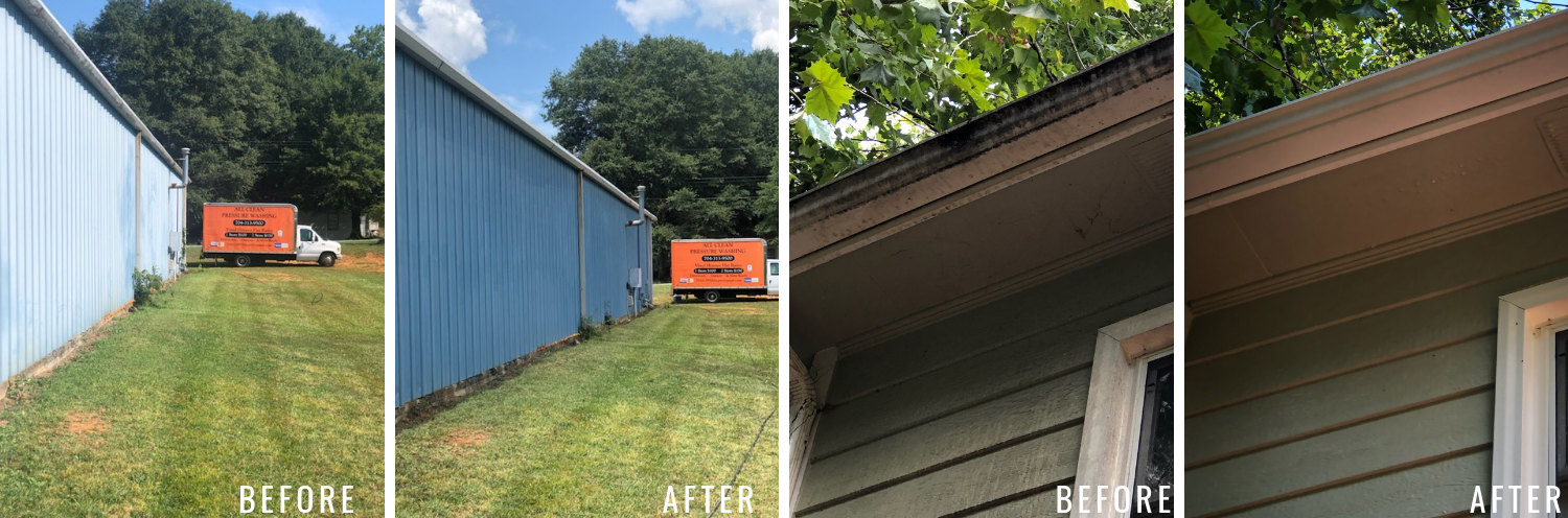 Before and after photos showing cleaning results on a metal building wall and the wooden trim of a house.