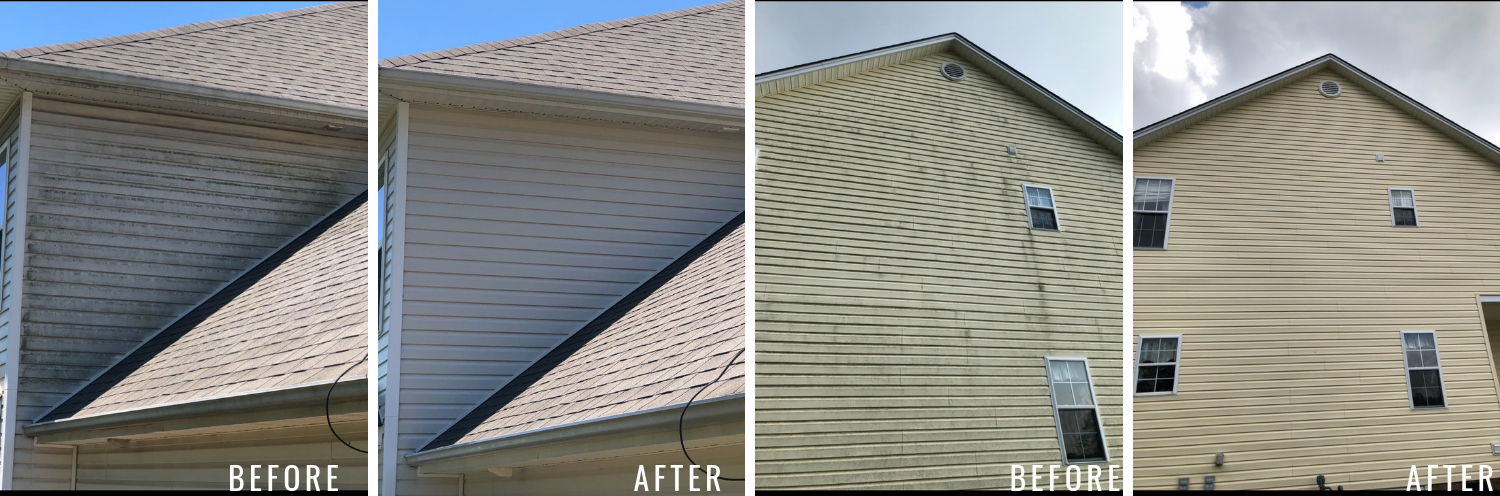 Before and after photos showing house siding cleaned of dirt and grime.