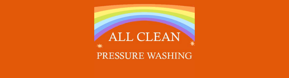 Logo for All Clean Pressure Washing, featuring a colorful rainbow arch over the white text against an orange background.