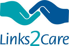 The logo for links 2 care shows two hands shaking each other.