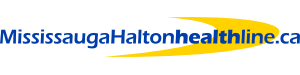 A blue and yellow logo for mississauga halton healthline