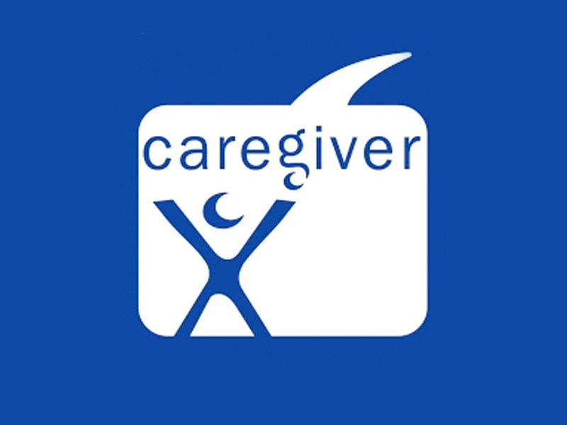 A blue background with a white speech bubble that says caregiver