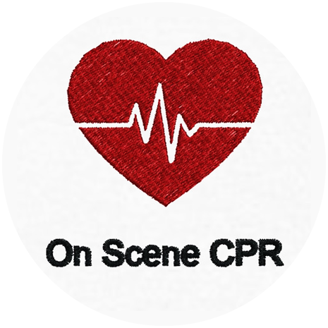 A red heart with a heartbeat and the words on scene cpr