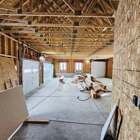 A large room with a lot of wood in it