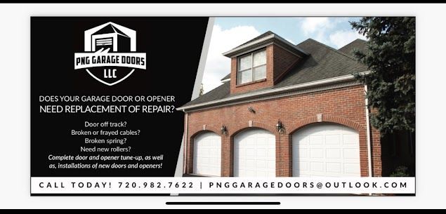 An advertisement for a garage door company shows a brick house with arched garage doors.