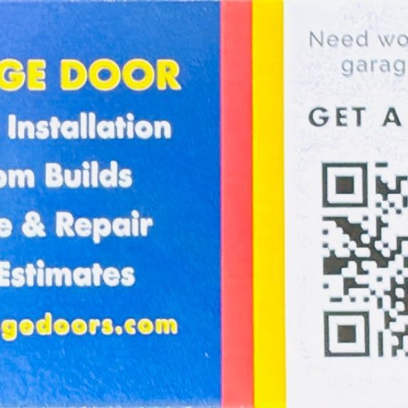 A blue and yellow sign for garage door installation