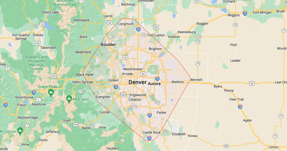 A map of denver , colorado with mountains in the background.