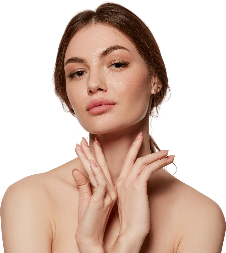 A woman is touching her neck with her hands