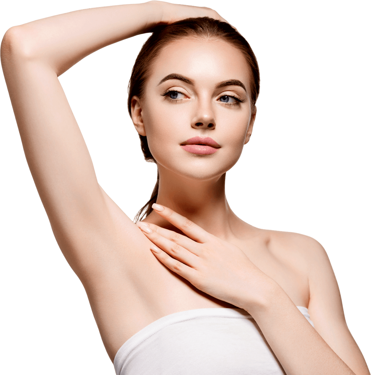 A woman is touching her armpit with her hand and looking at the camera