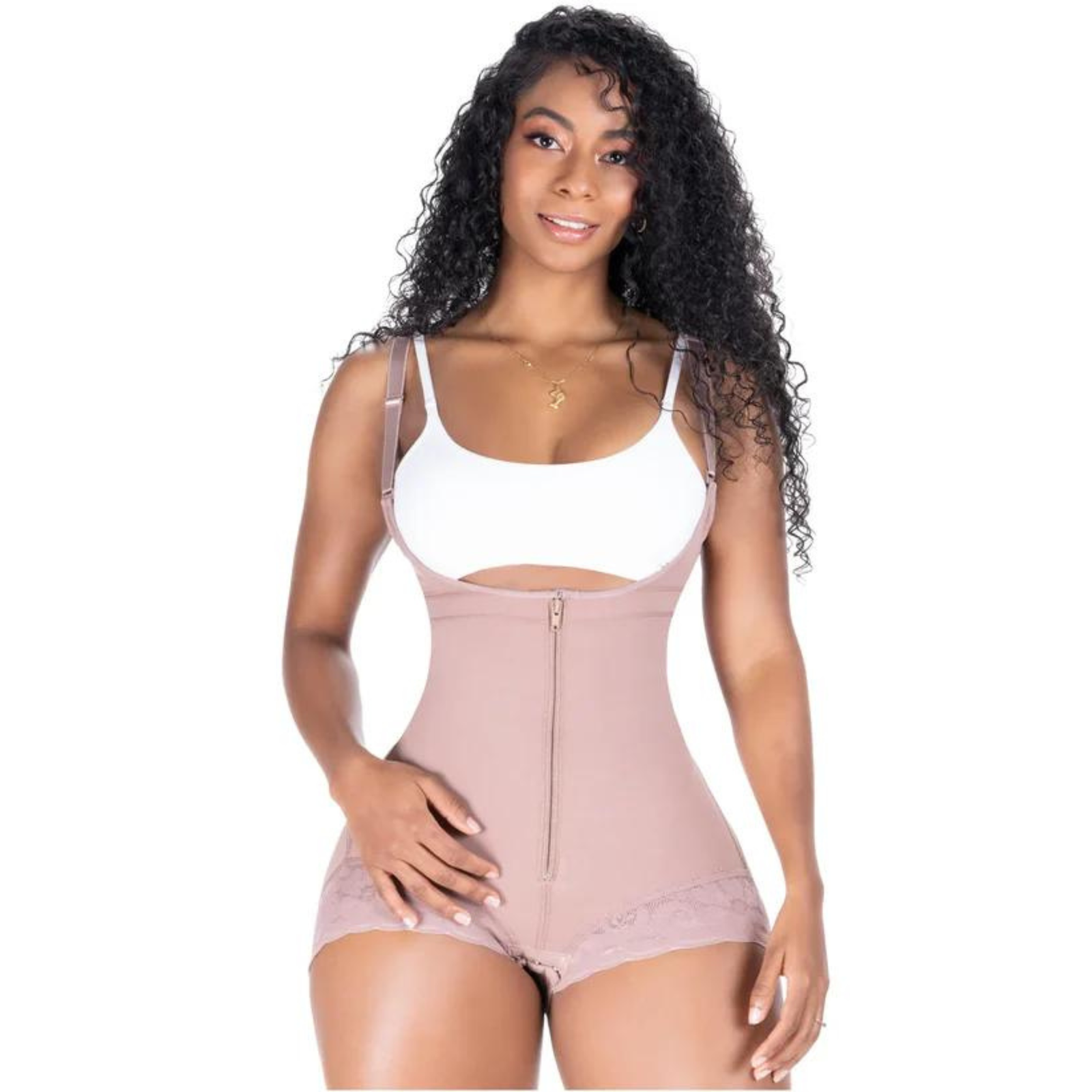 A woman is wearing a bodysuit and a white bra