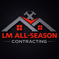 Logo for LM All-Season Contracting featuring crossed hammers above two gray rooflines with red window icons on black.