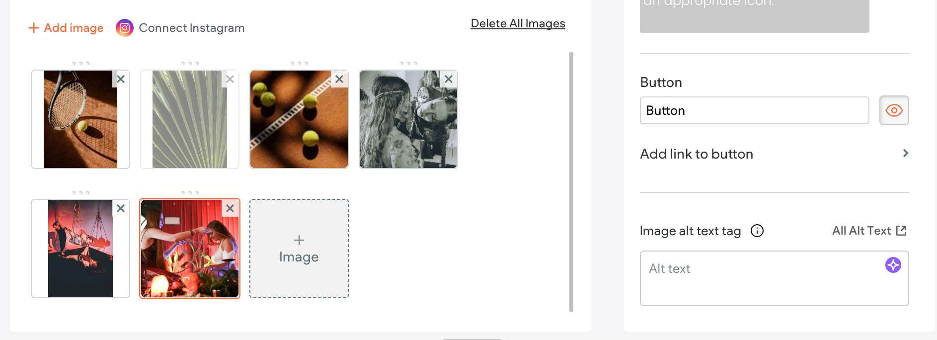 Instagram post creation screen showing six image slots, with five images uploaded and one empty placeholder.