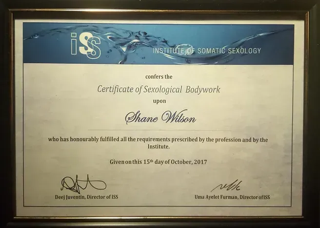 A certificate of somatic sexology is framed and signed by shane wilson
