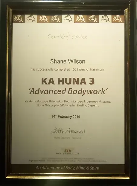 A certificate that says ' ka huna 3 advanced bodywork ' on it